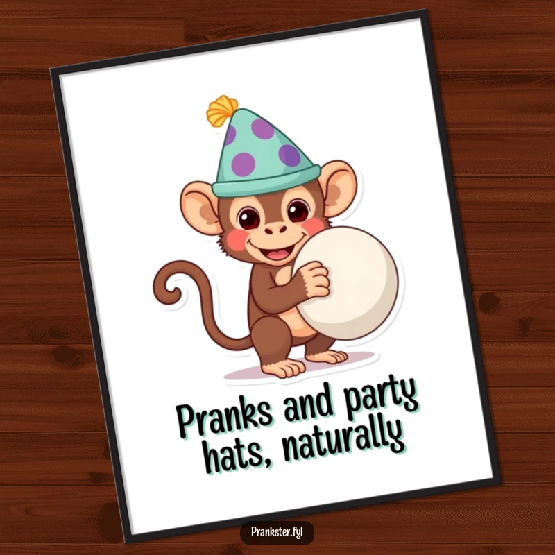 Funny Free Printable Wall Art: Cheeky monkey in a silly hat, holding a whoopee cushion, whimsical wall art.