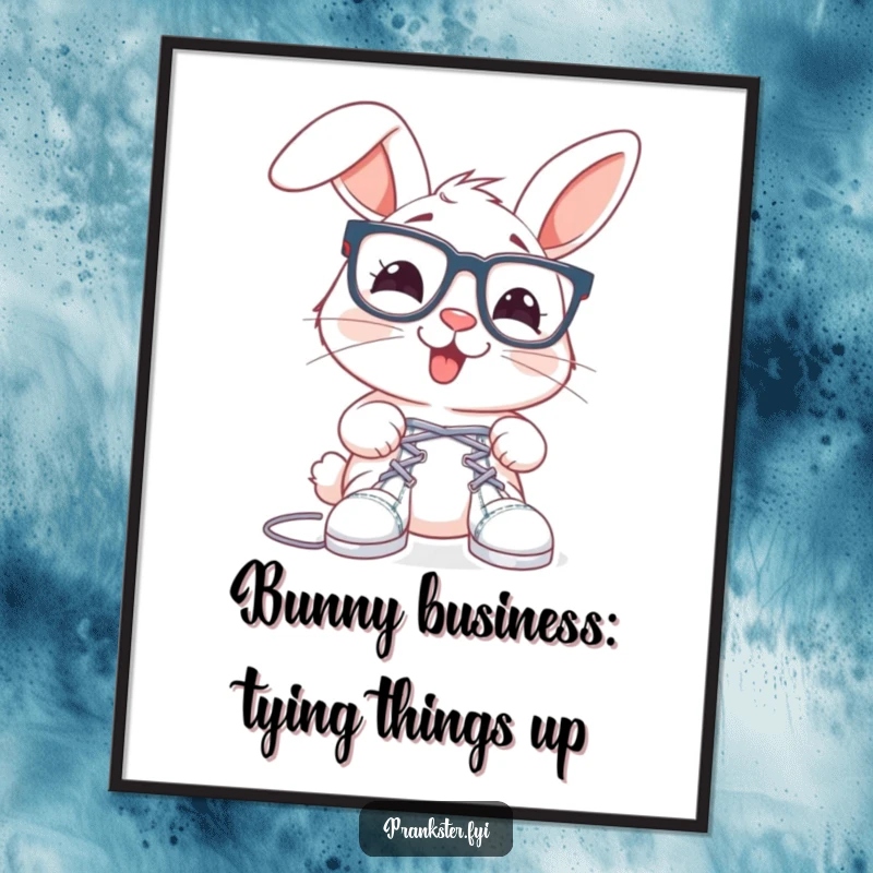 Funny Free Printable Wall Art: Cheerful rabbit wearing oversized spectacles is about to tie shoelaces together, prank decor.
