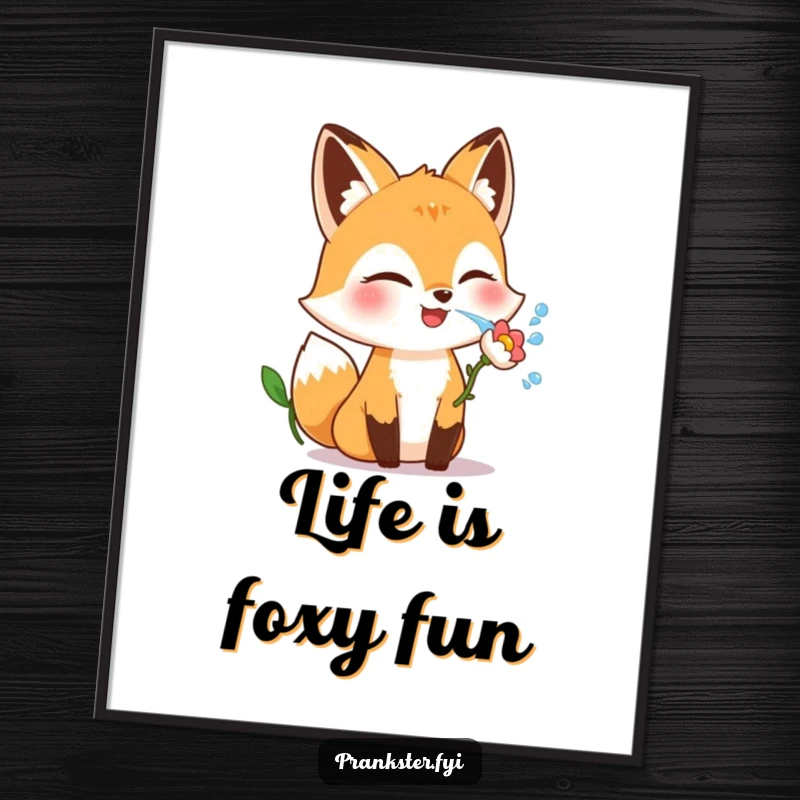 Funny Free Printable Wall Art: A giggling fox winks playfully, about to squirt water from a flower, adding whimsical decor.