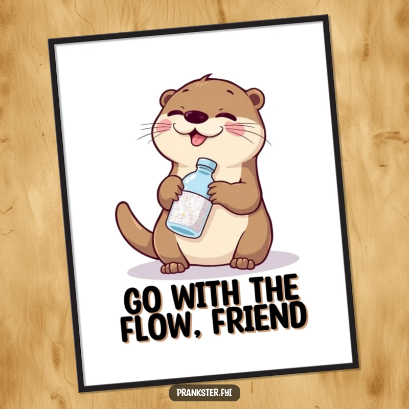 Funny free printable wall art of a giggling otter playfully swapping a bottle of glitter for water, a humorous and sparkling addition.