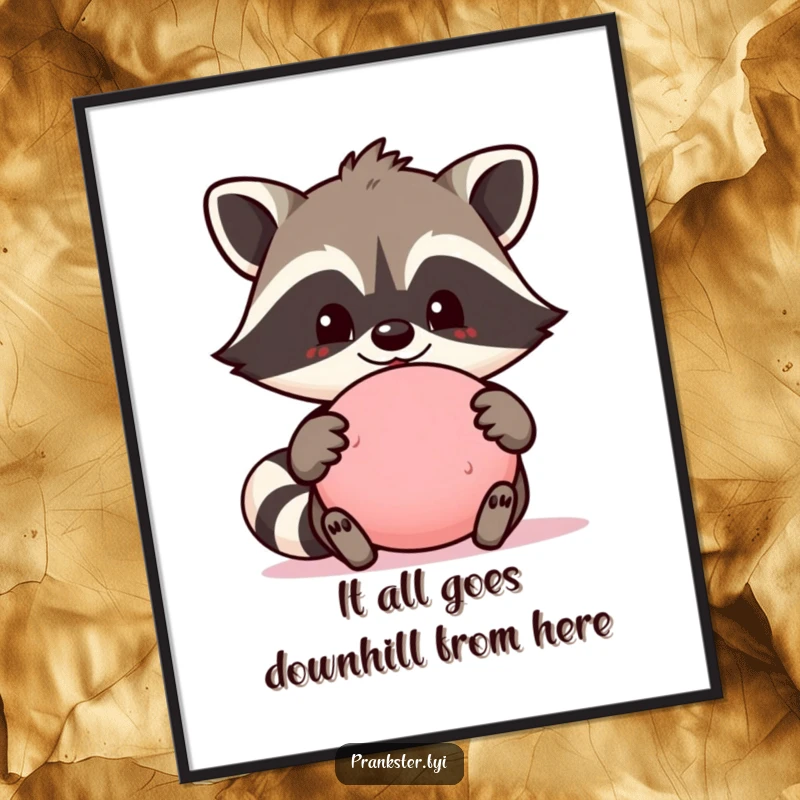 Funny Free Printable Wall Art: Smiling raccoon character looking proud while holding a whoopee cushion.