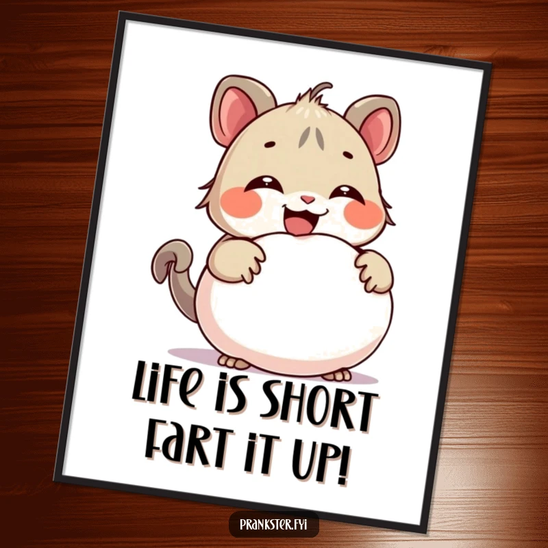 Funny Free Printable Wall Art: a creature caught mid-giggle, slyly holding a whoopee cushion behind its back, hinting at mischief.