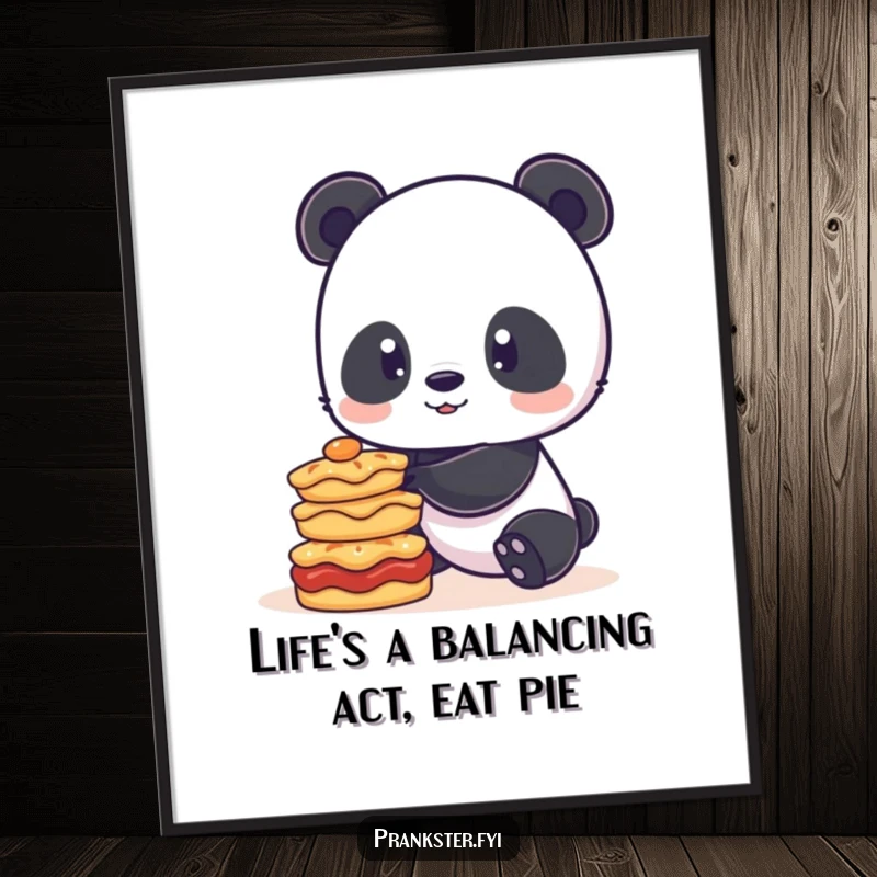 Funny Free Printable Wall Art: Playful panda character attempting to balance a teetering stack of pies.
