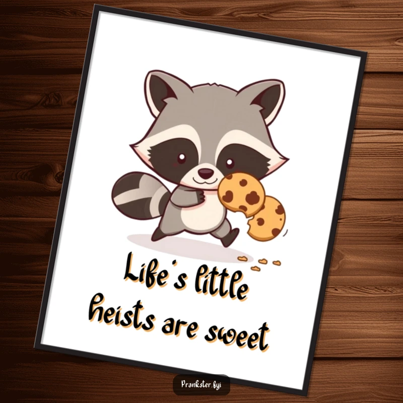 Funny Free Printable Wall Art: A sly raccoon bandit sneaking away with a stolen cookie, leaving a trail of crumbs.