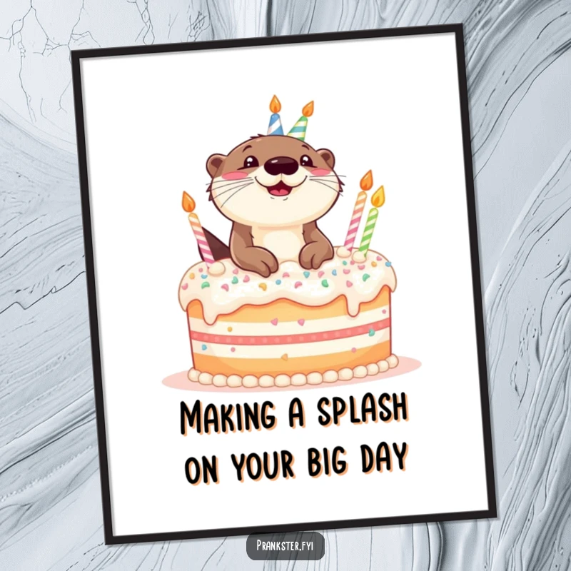 Funny Free Printable Wall Art: A happy otter giggling as it pops out of a large, decorated birthday cake.