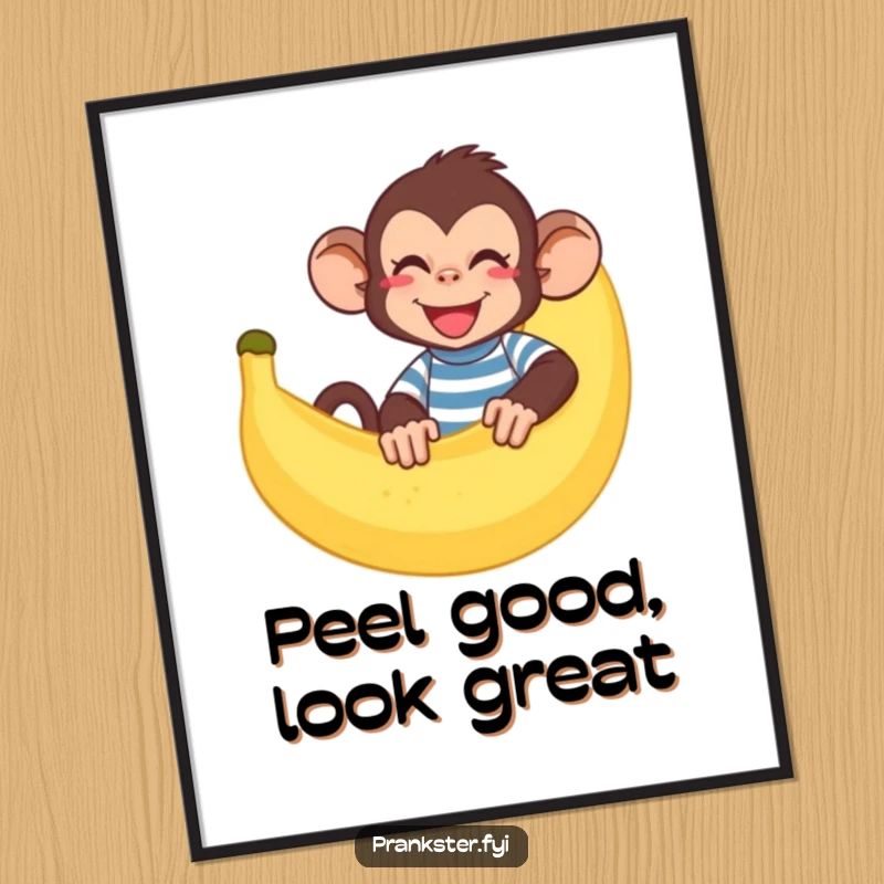 Funny Free Printable Wall Art: Giggling monkey in a striped shirt hiding behind a large banana peel, playful decor.