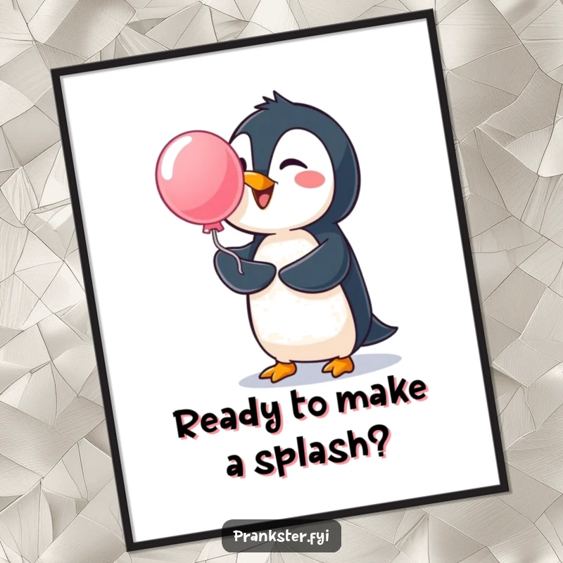 Funny Free Printable Wall Art: A cheerful penguin launching a surprise water balloon, capturing a moment of chilly fun.