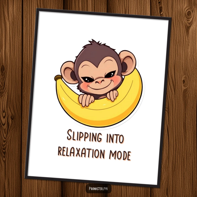 Funny Free Printable Wall Art: Mischievous monkey peeking from behind a giant banana peel with a sly grin, bringing playful energy and humor to your space.