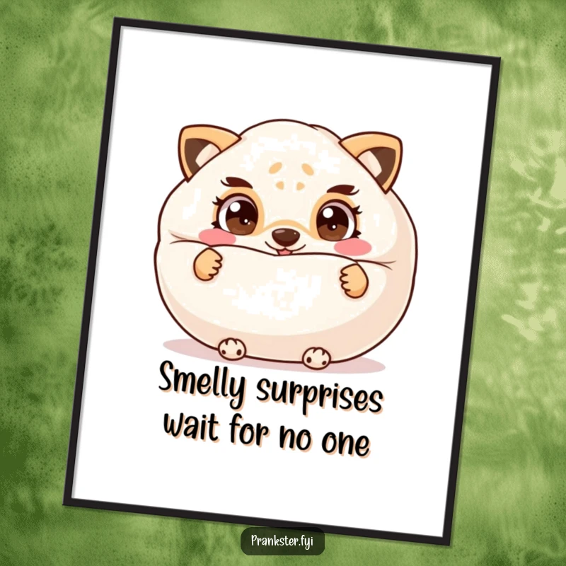 Funny Free Printable wall art of a cheeky animal hiding behind a giant whoopee cushion with wide, mischievous eyes.