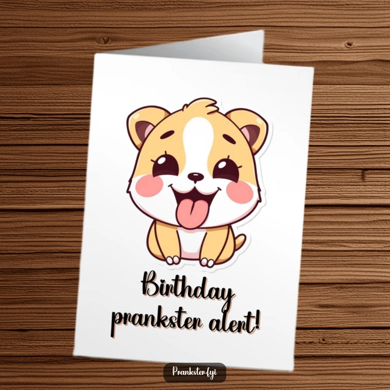 Funny Free Printable Birthday Card: Happy animal sticking out tongue playfully after a prank, mischievous and celebratory, downloadable.