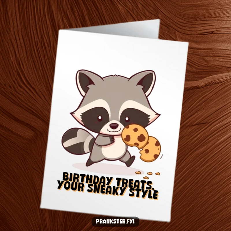 Funny Free Printable Birthday Card: A sly raccoon making off with a cookie, leaving a crumb trail- a cheeky birthday wish.