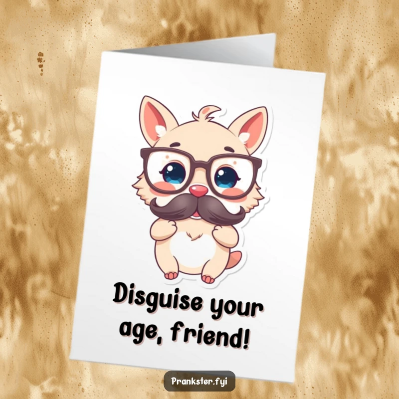 Funny Free Printable Birthday Card featuring a delighted animal in oversized glasses holding a fake mustache, ready for disguise.