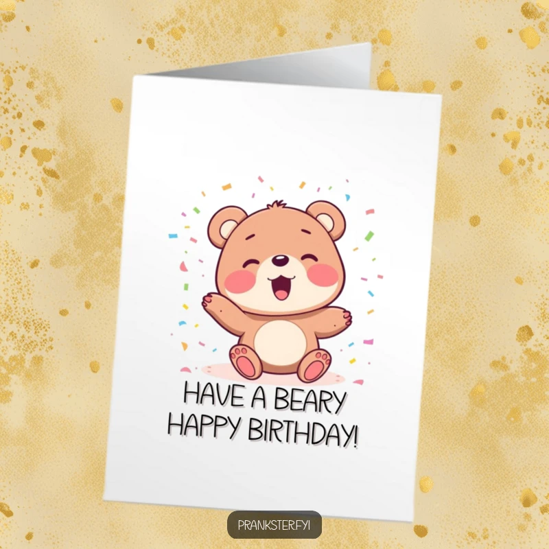 Funny Free Printable Birthday Card: Delighted bear character joyfully plays with a shower of colorful confetti in the air.