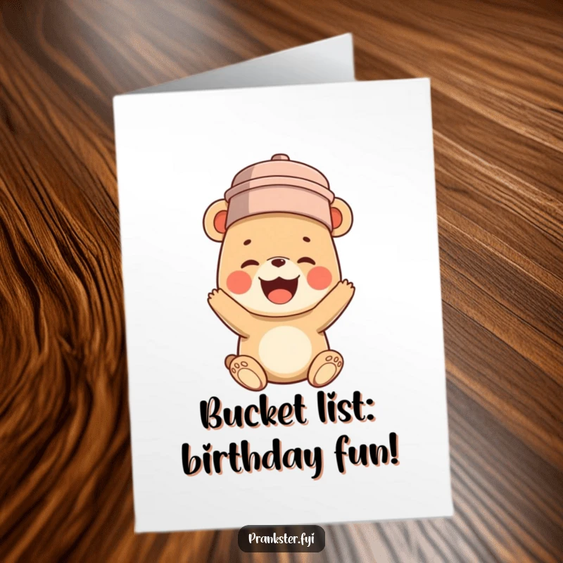Funny Free Printable Birthday Card: Cheerful bear cub wearing a bucket on its head, giggling uncontrollably, ready to deliver birthday laughs.