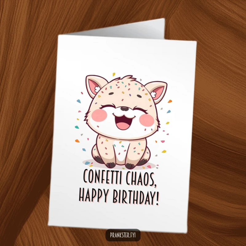 Funny Free Printable Birthday Card featuring a laughing animal covered in confetti with a mischievous sparkle.