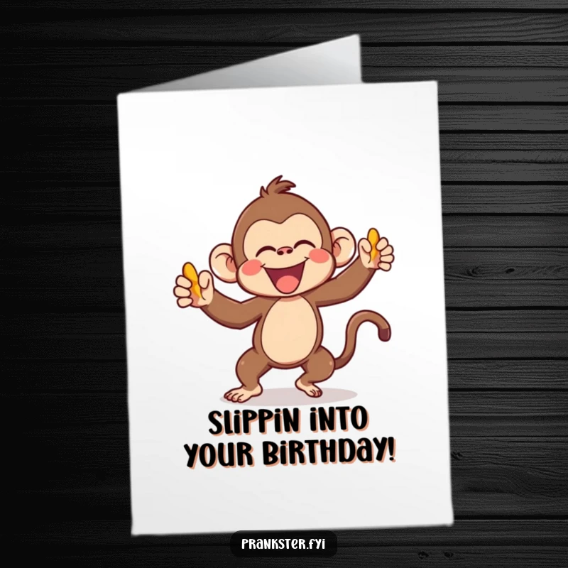 Funny Free Printable Birthday Card featuring a kawaii monkey joyfully tossing a banana peel, creating a hilarious birthday surprise.
