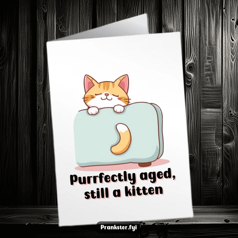 Funny Free Printable Birthday Card: Giggling cat's tail sticking out from behind a sofa, a playful hiding game.