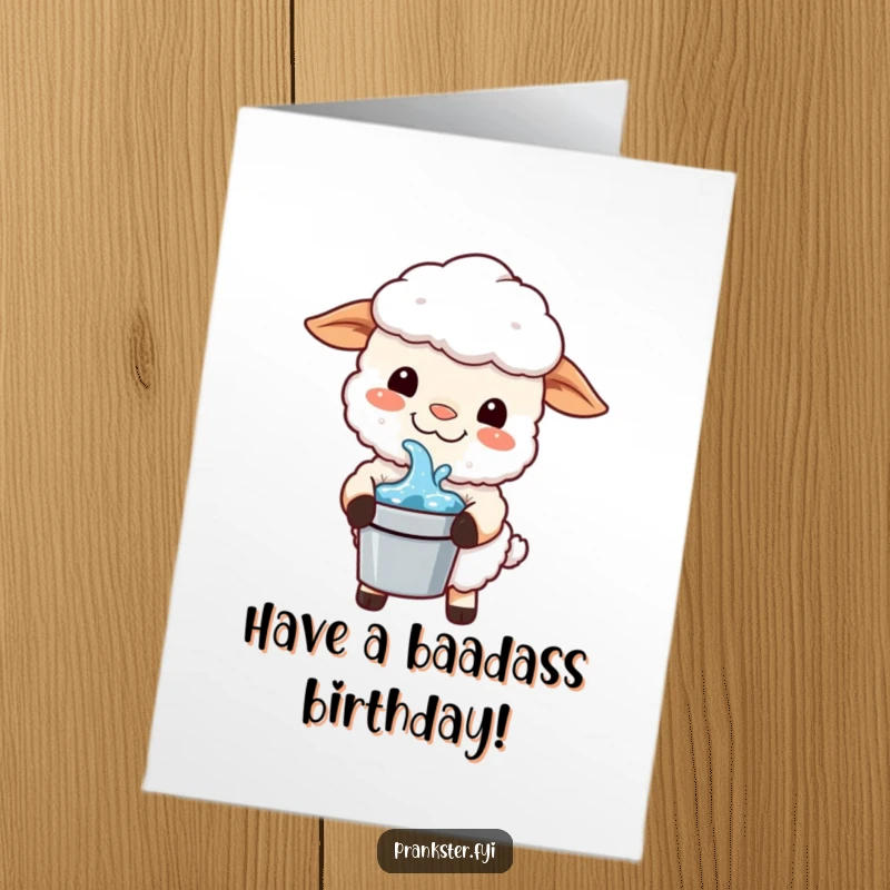 Funny Free Printable Birthday Card: Kawaii sheep with a sly grin holding a bucket of water, ready for a prank. Humorous art.