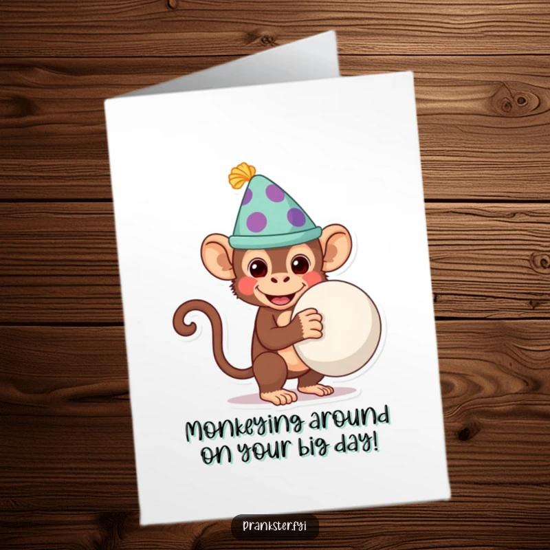 Funny Free Printable Birthday Card: Cheeky monkey in a silly hat holding a whoopee cushion behind its back, ready for fun.