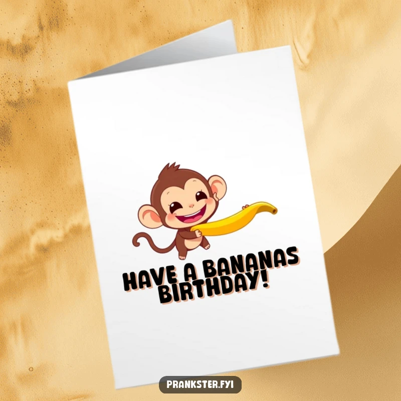 Funny Free Printable Birthday Card: Mischievous monkey with a huge grin tossing a banana peel, ready for a funny surprise.