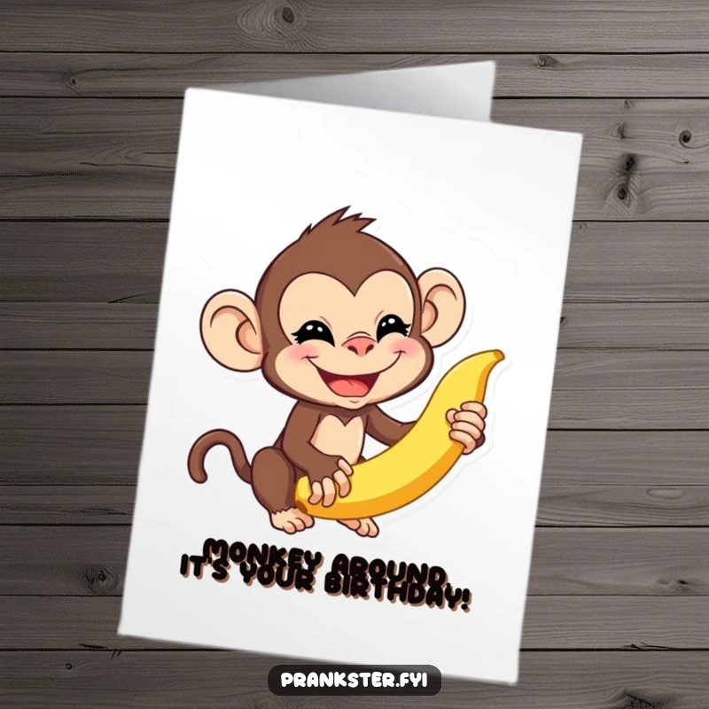 Funny Free Printable Birthday Card: Playful monkey about to flick a banana peel, making a birthday prank, downloadable.