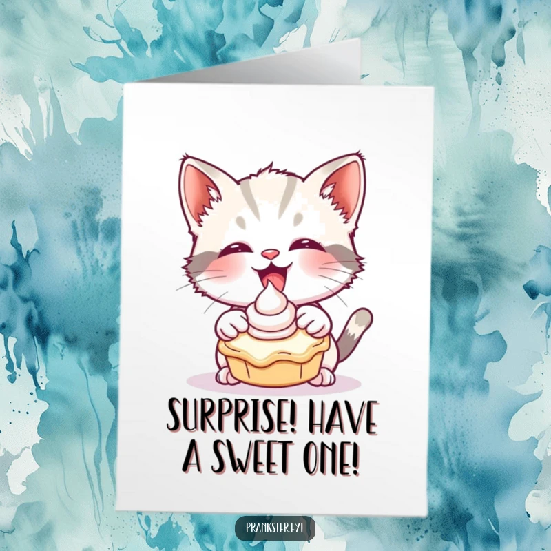Funny Free Printable Birthday Card: A giggling kitten throwing a cream pie, a messy and hilarious downloadable gift.