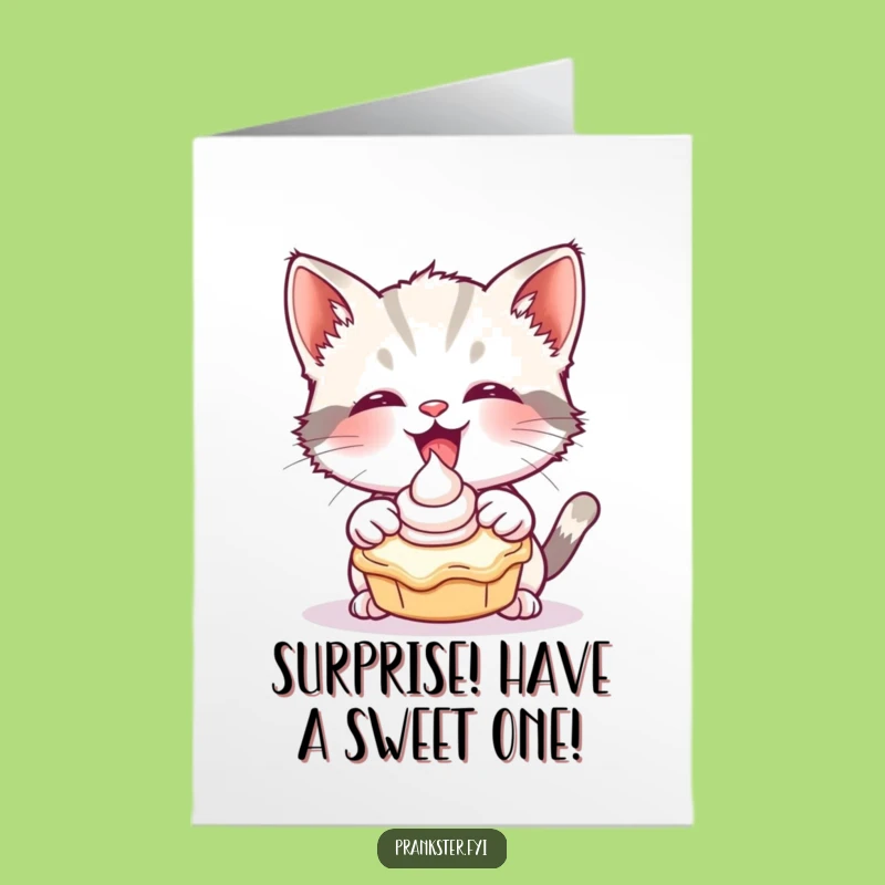 Free Printable Birthday Card: Pie Cat - Hilarious Messy Downloadable Gift for Fun Lovers