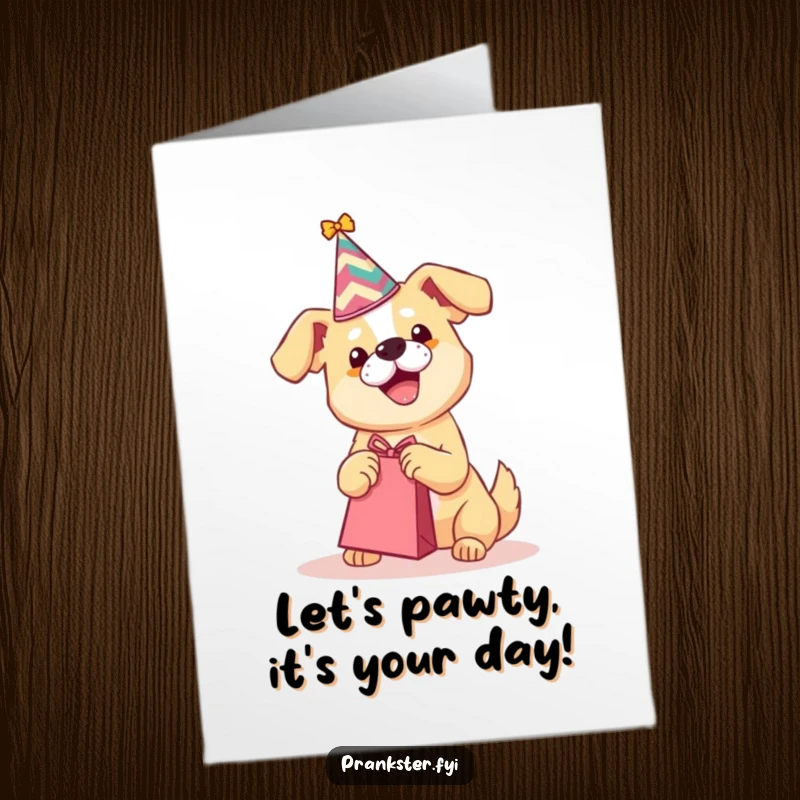 Funny Free Printable Birthday Card: Dog in party hat shakes gift bag, ready to celebrate with a happy surprise.