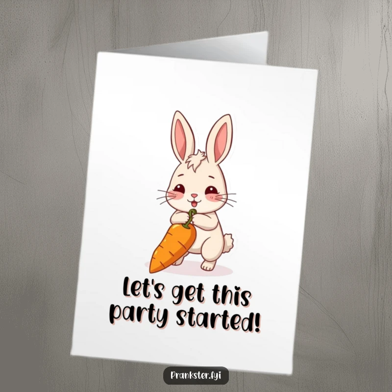 Funny Free Printable Birthday Card: Mischievous rabbit pulling an absurdly long string attached to a carrot, hinting at birthday surprises.