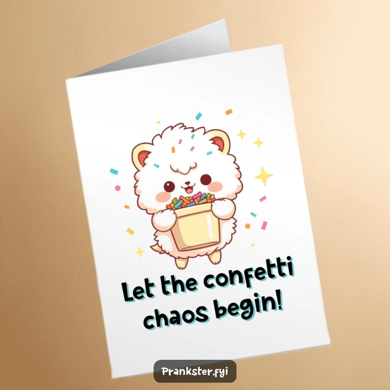 Funny Free Printable Birthday Card featuring a fluffy creature joyfully tossing confetti from a bucket with a mischievous twinkle.