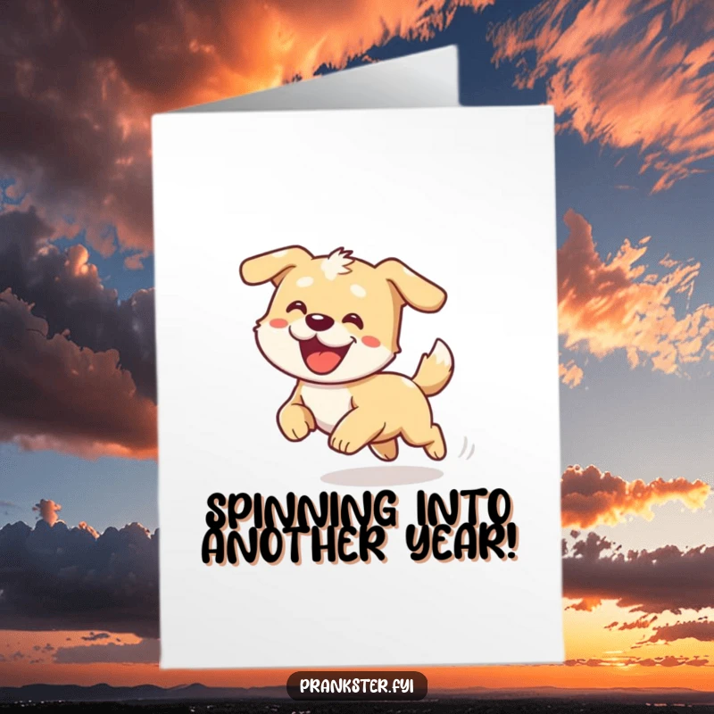 Funny Free Printable Birthday Card: A comical dog chasing its tail in a dizzying circle, ready to send birthday cheer.