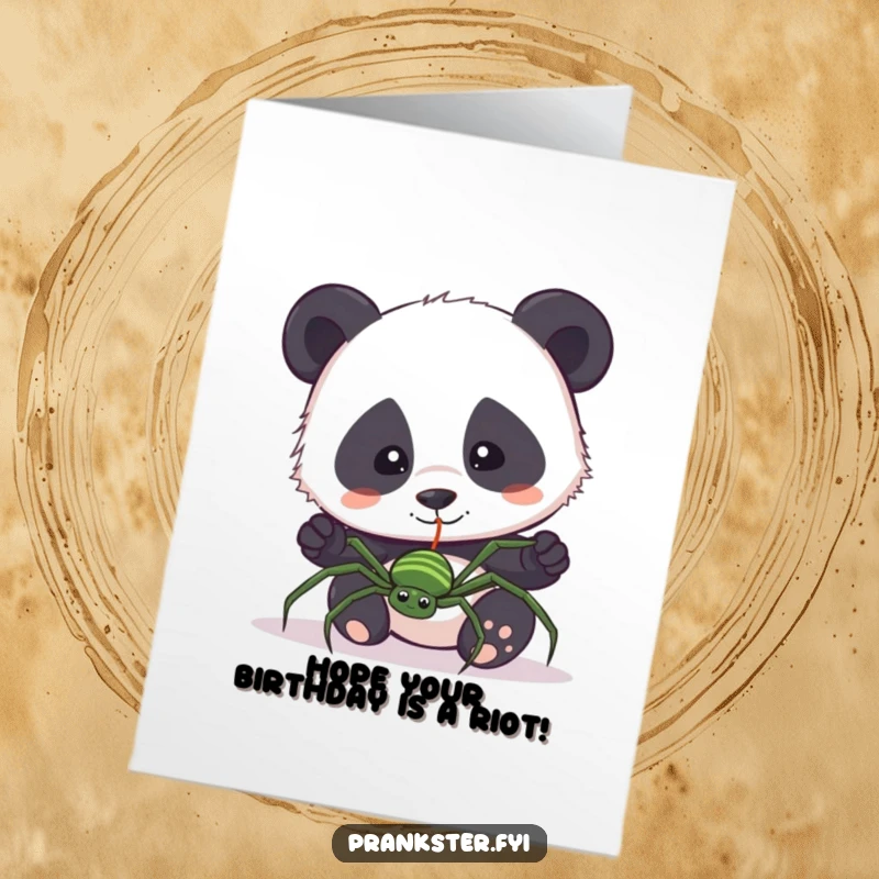 Funny Free Printable Birthday Card: Panda startled by a fake spider on a string, a surprise downloadable gift.