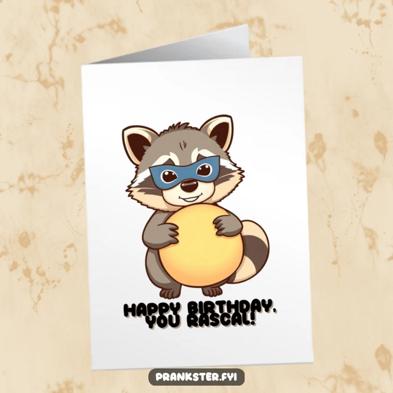 Funny free printable birthday card: a mischievous raccoon wearing a mask holds a whoopee cushion, ready for a prank and birthday wishes.