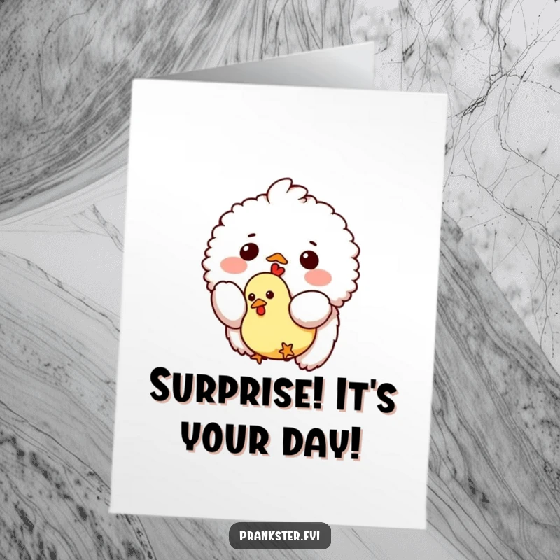 Funny Free Printable Birthday Card: a fluffy creature gleefully dropping a tiny rubber chicken from above, celebrating with absurdity.