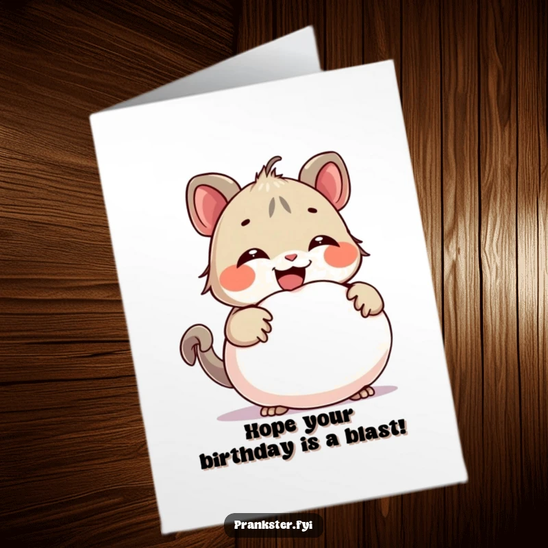 Funny Free Printable Birthday Card: a creature sneakily holding a whoopee cushion behind its back, eyes twinkling with mischief.