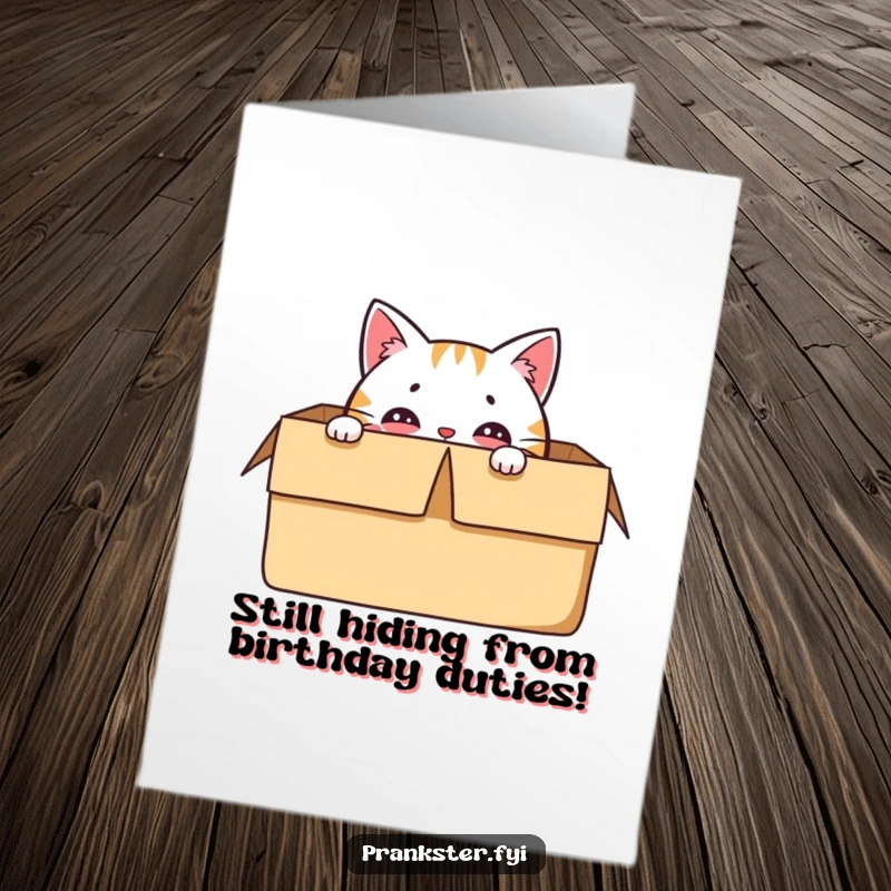 Funny Free Printable Birthday Card: A delighted cat peeks from a box, only its curious eyes visible, ready to surprise.