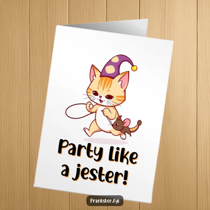 Funny Free Printable Birthday Card: Cat in jester hat tripping a mouse with string, birthday prank humor.