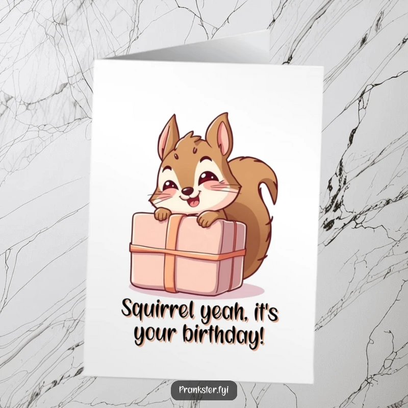 Funny Free Printable Birthday Card: Giggling squirrel peeking from behind a huge gift, ready to surprise.