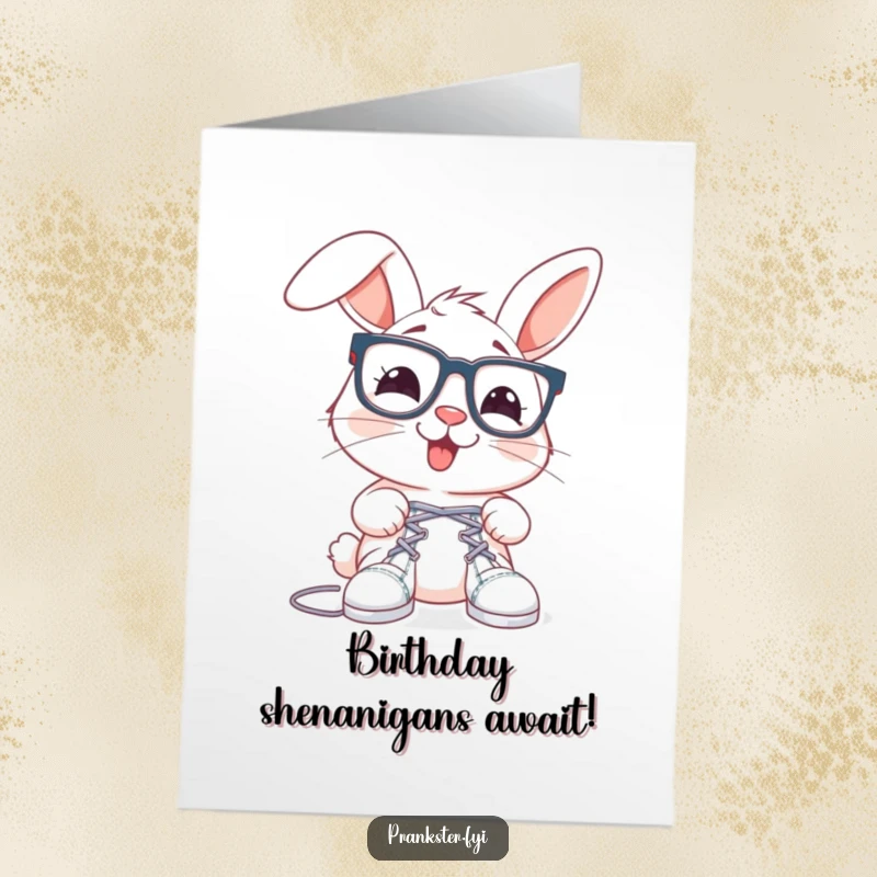 Funny Free Printable Birthday Card: Rabbit in big glasses tying shoelaces together, prankster birthday humor.