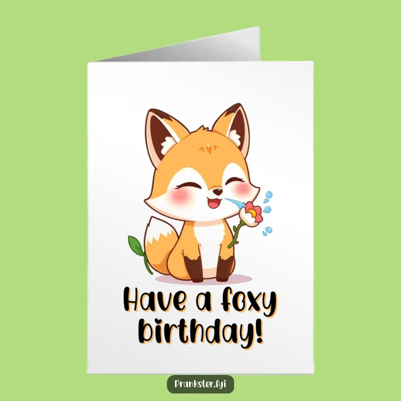 Free Printable Funny Birthday Card: Fox Flower Squirt - Witty Downloadable Gift