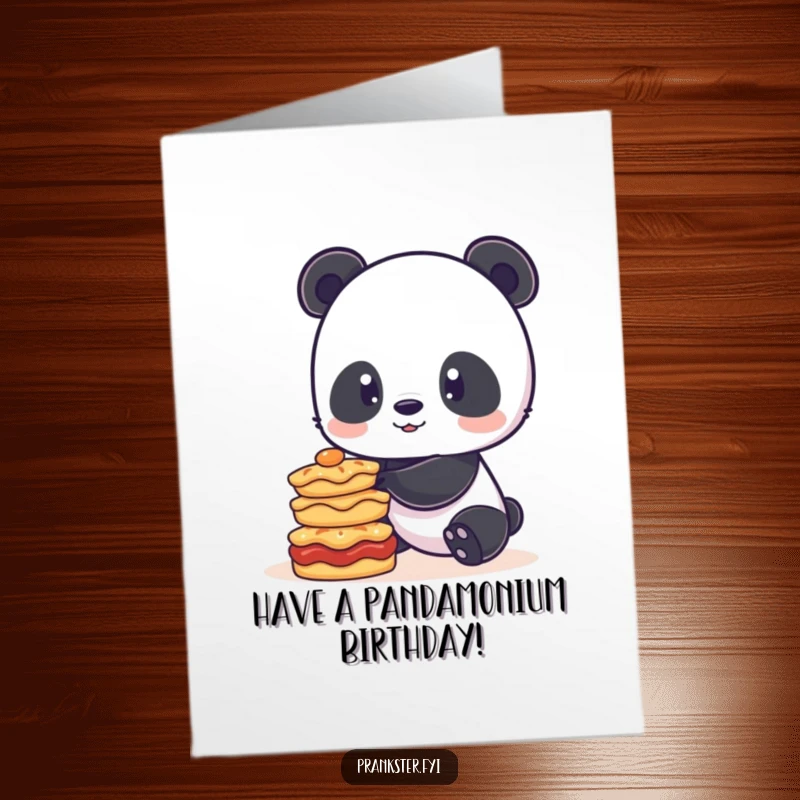 Funny Free Printable Birthday Card: Playful panda wobbling with a tall stack of pies, ready for cake.