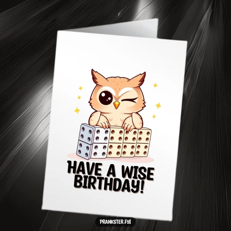 Funny Free Printable Birthday Card of a winking owl carefully setting up a domino chain, with a twinkle in its eye.