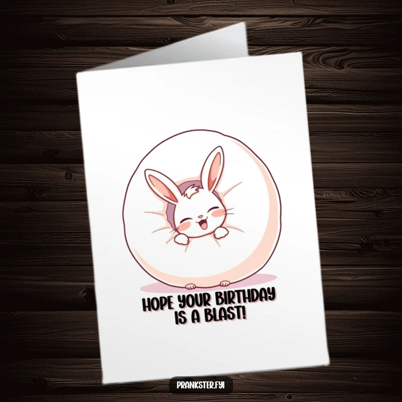 Funny free printable birthday card featuring a giggling rabbit peeking from behind a giant, inflated whoopee cushion.
