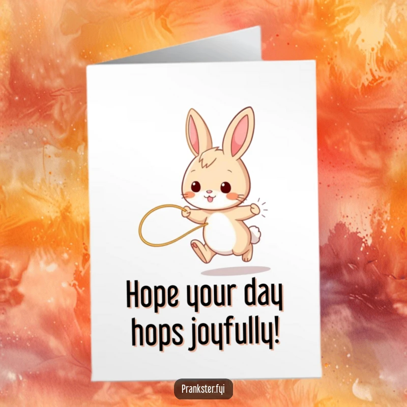 Funny Free Printable Birthday Card of a playful bunny hopping, a string tied to its tail, hinting at playful mischief.
