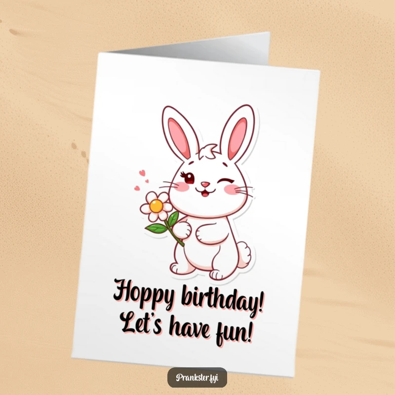 Funny Free Printable Birthday Card: Cheerful bunny winks, holding a flower that squirts water.