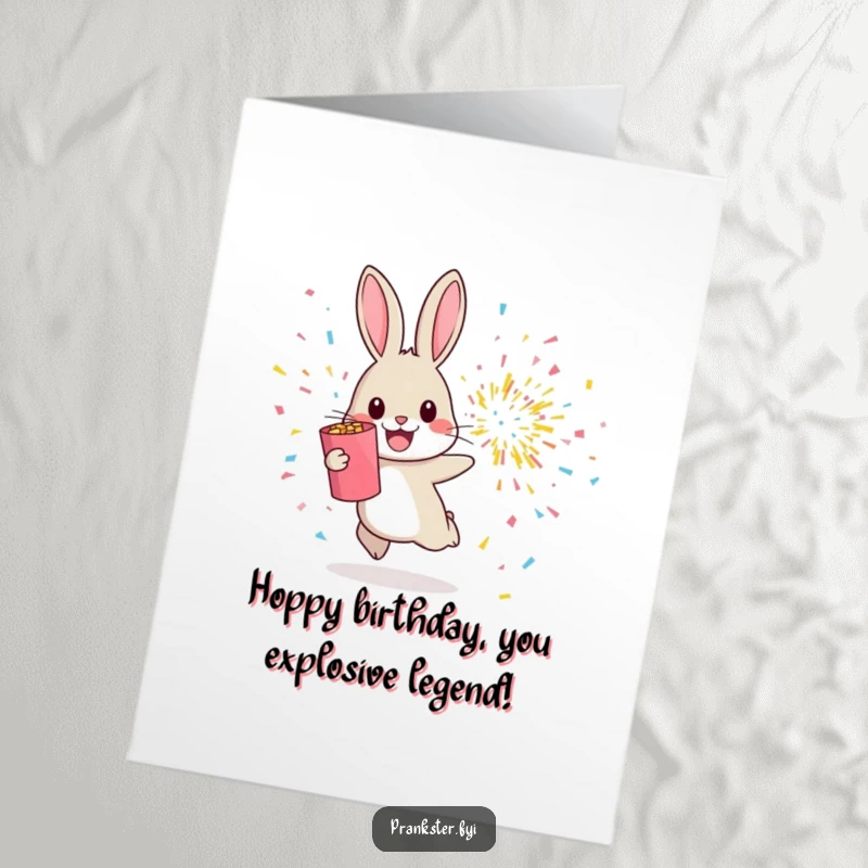 Funny Free Printable Birthday Card: Cheerful rabbit hops away from an exploding confetti popper, celebrating joyfully.