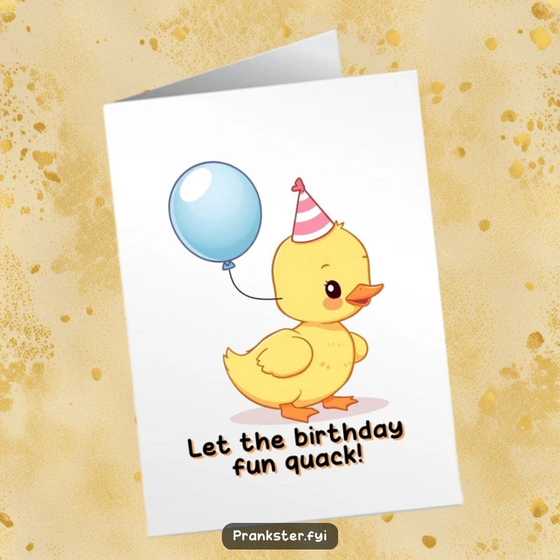 Funny Free Printable Birthday Card: Kawaii duckling in a party hat gleefully about to pop a balloon. Hilarious downloadable art.