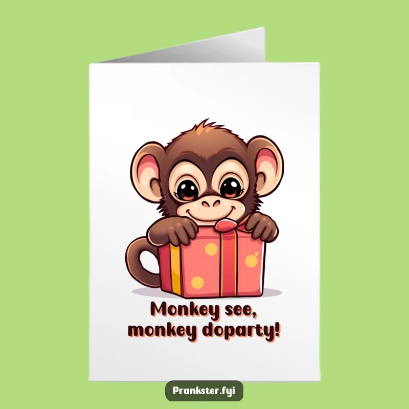 Free Printable Birthday Card: Mischievous Monkey Steals Present Funny Downloadable Gift!