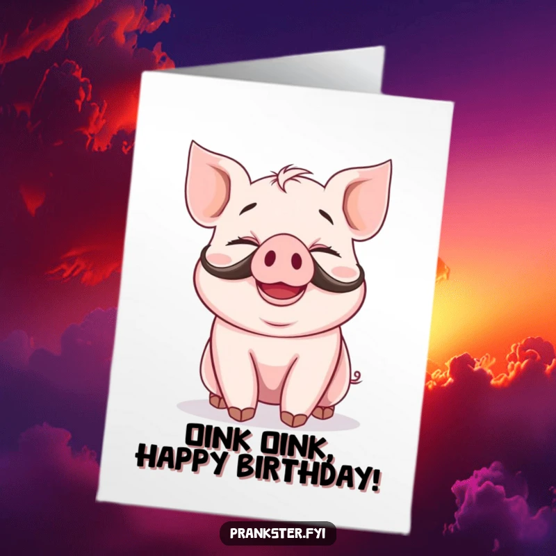 Funny Free Printable Birthday Card: Giggling piglet with a fake mustache and a big silly grin, ready to party.