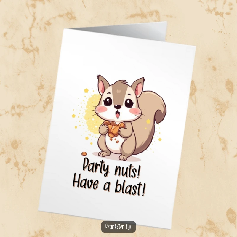 Funny Free Printable Birthday Card: Surprised squirrel with cheeks full of nuts, engulfed in a sparkly glitter explosion, celebrating a wild birthday.